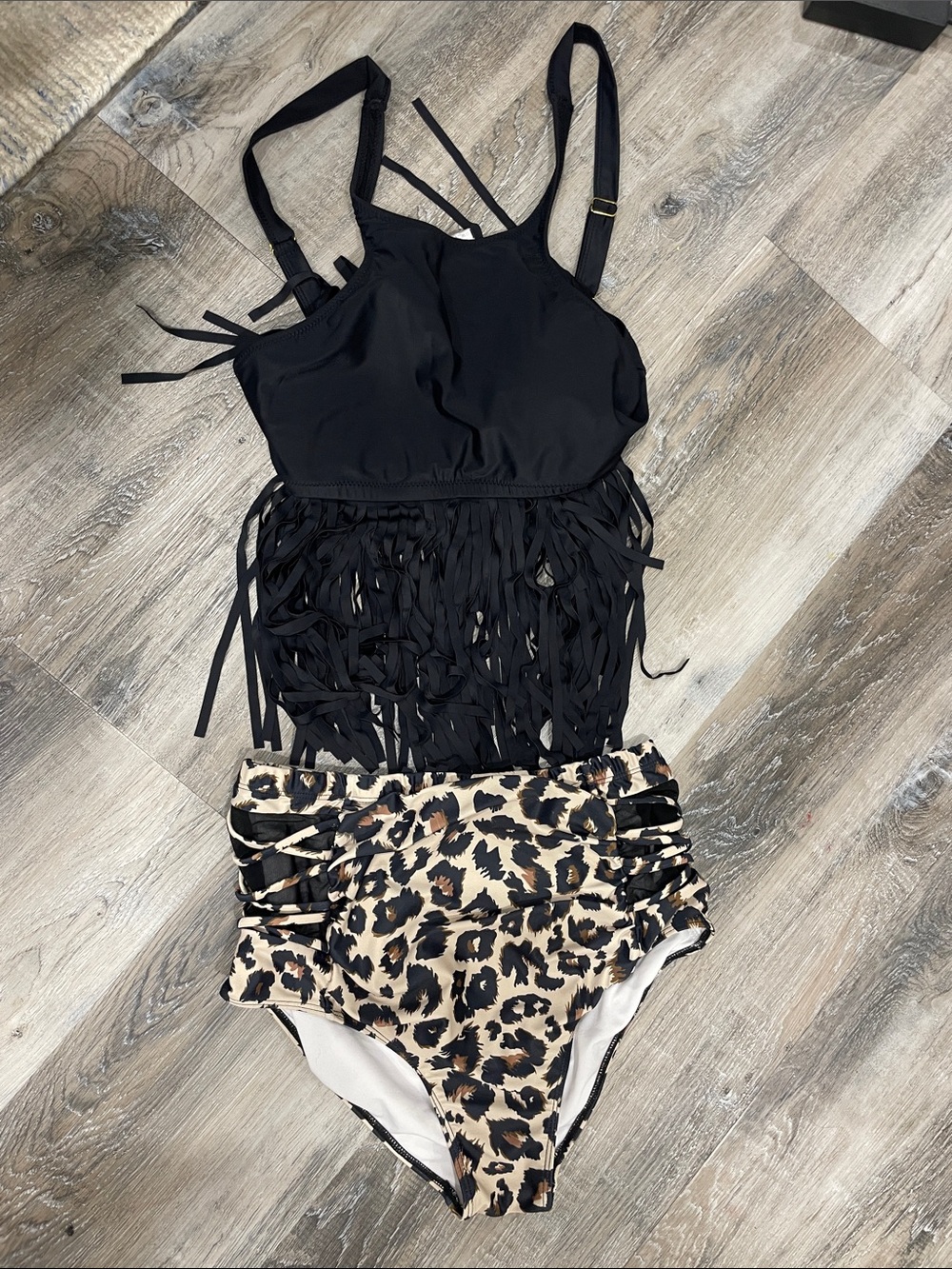 Black Fringe Tankini Top with Leopard High-Waist Bottoms